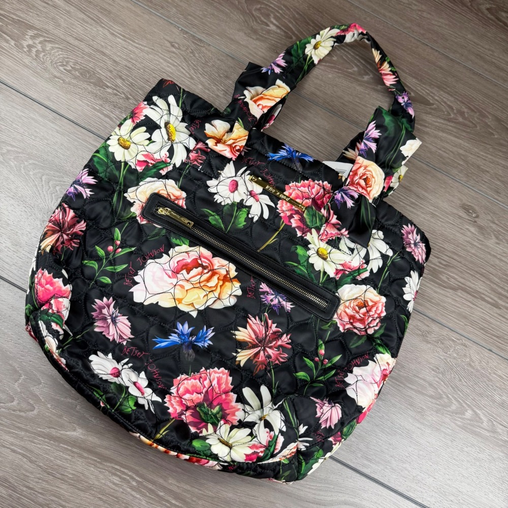 Betsey Johnson Women Nylon Tote Quilted Floral Black